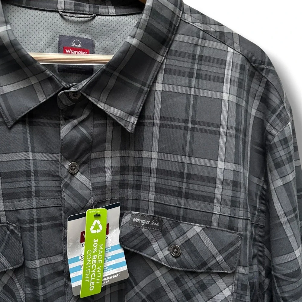 Wrangler‎ Outdoor Men 3XL Grey Plaid Stretch Moisture Wicking UPF 40 Shirt NEW